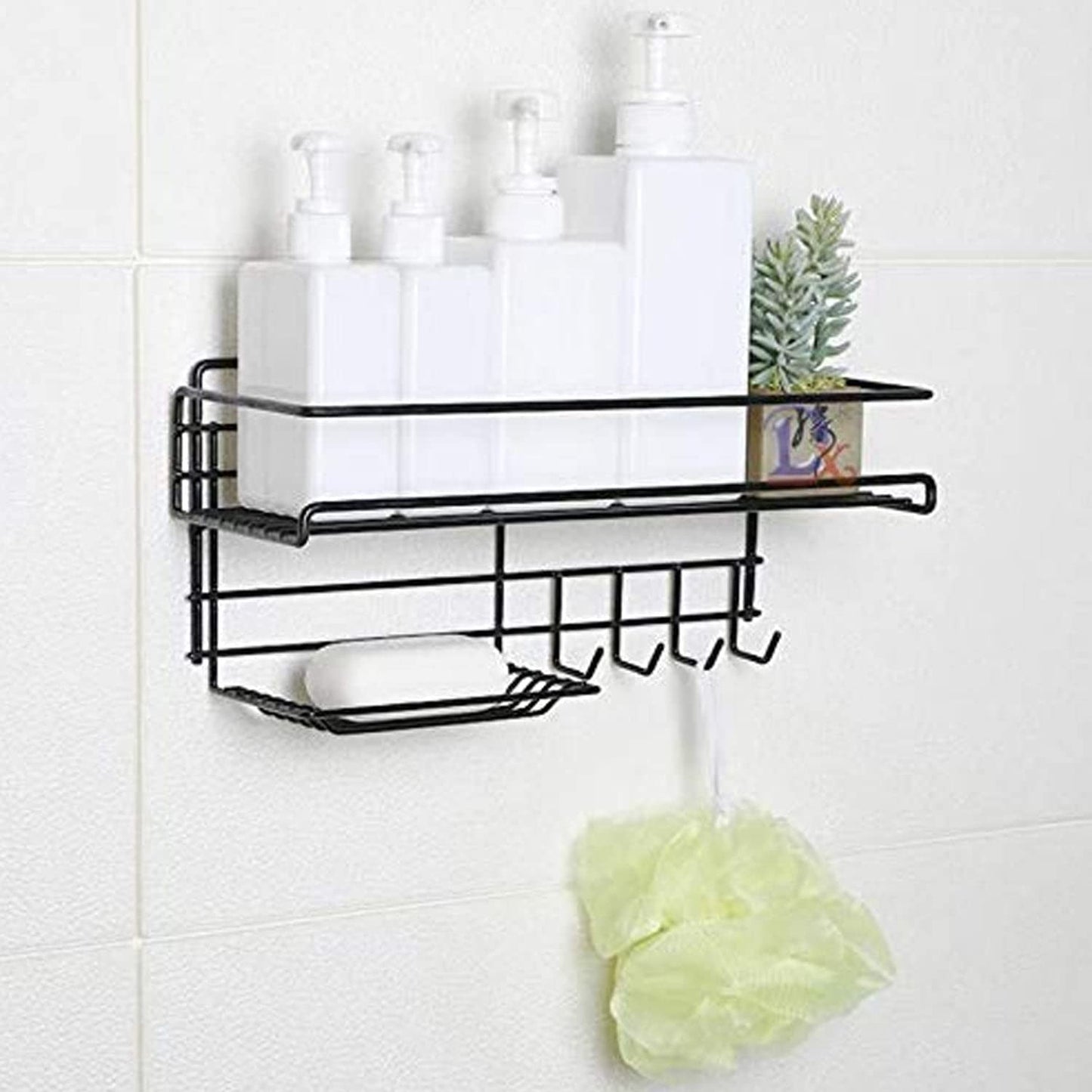 Self-Adhesive Shower Shelf Soap with Hooks - Rustproof Bathroom Shower Caddy Storage Organizer - Stainless Steel Shower Rack Basket for Shampoo Soap Razor (Black)