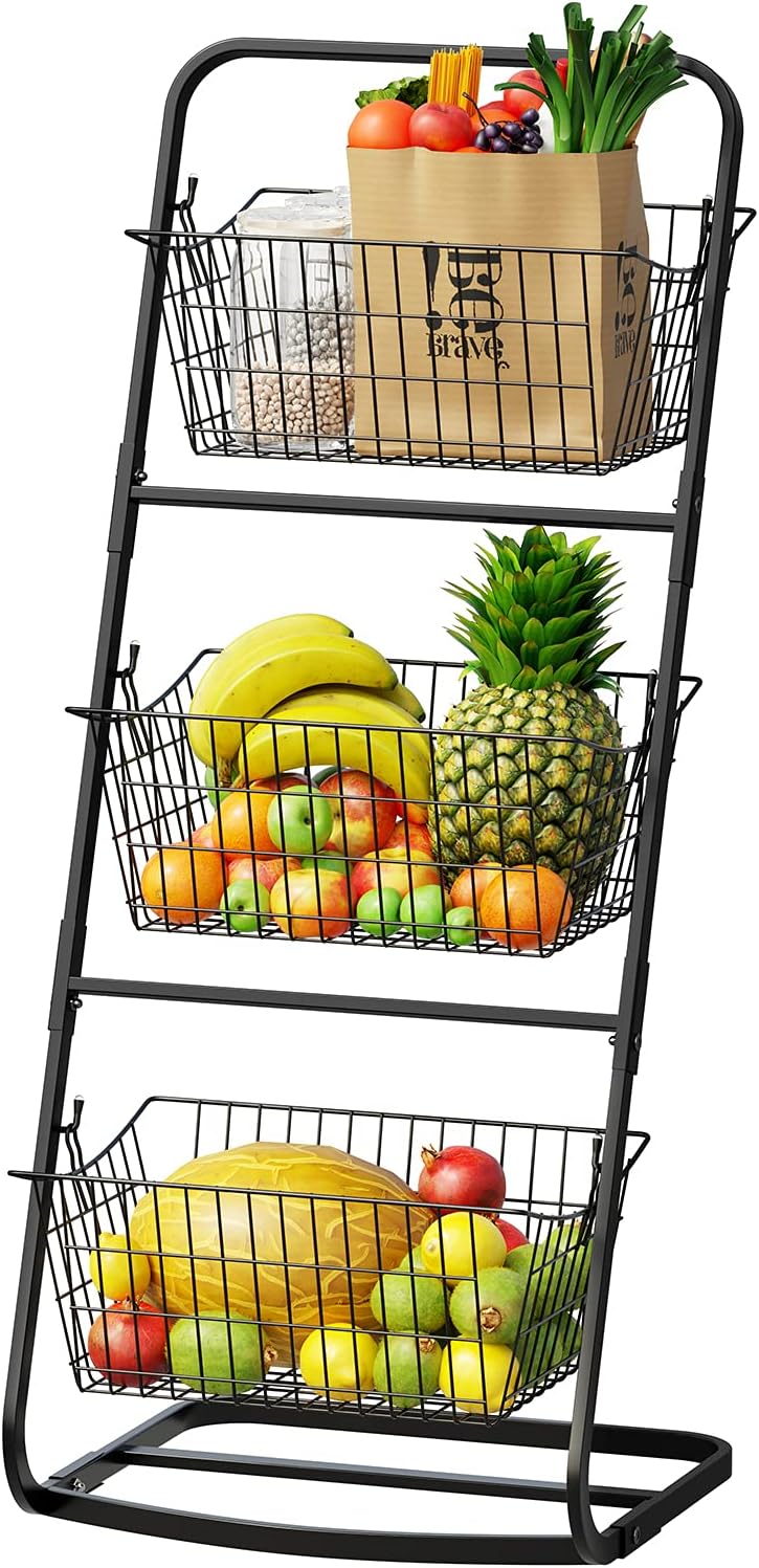3-Tier Metal Fruit & Vegetable Storage Basket Rack – Kitchen Organizer Stand