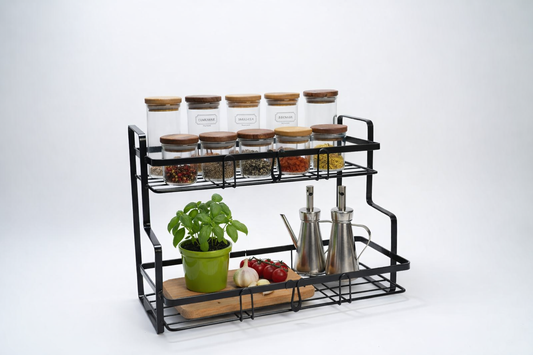 2 Tier Kitchen Spice Rack | Metal & Wooden Countertop Organizer | Burney Pati Stand